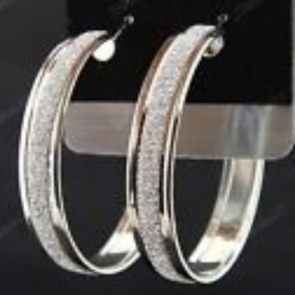 Silver Tone Frosted Hoop Earrings - Picture 1 of 2